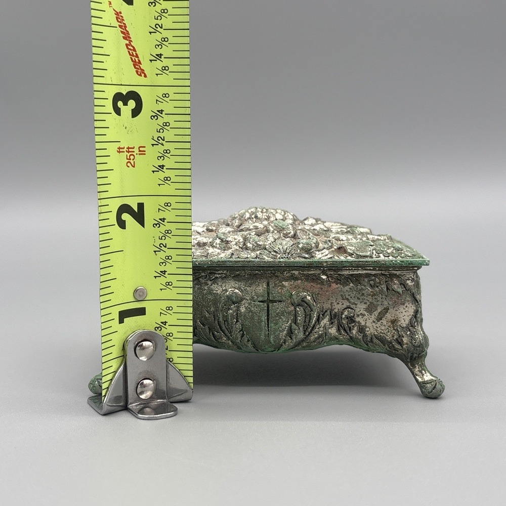 Vintage Metal Jewelry Box Trinket Footed Velvet Lining Cross Religious Patina - Picture 5 of 13